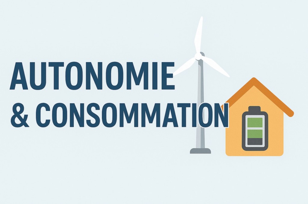 Illustration avec texte Autonomie et consommation, représentant une éolienne et une maison avec batterie