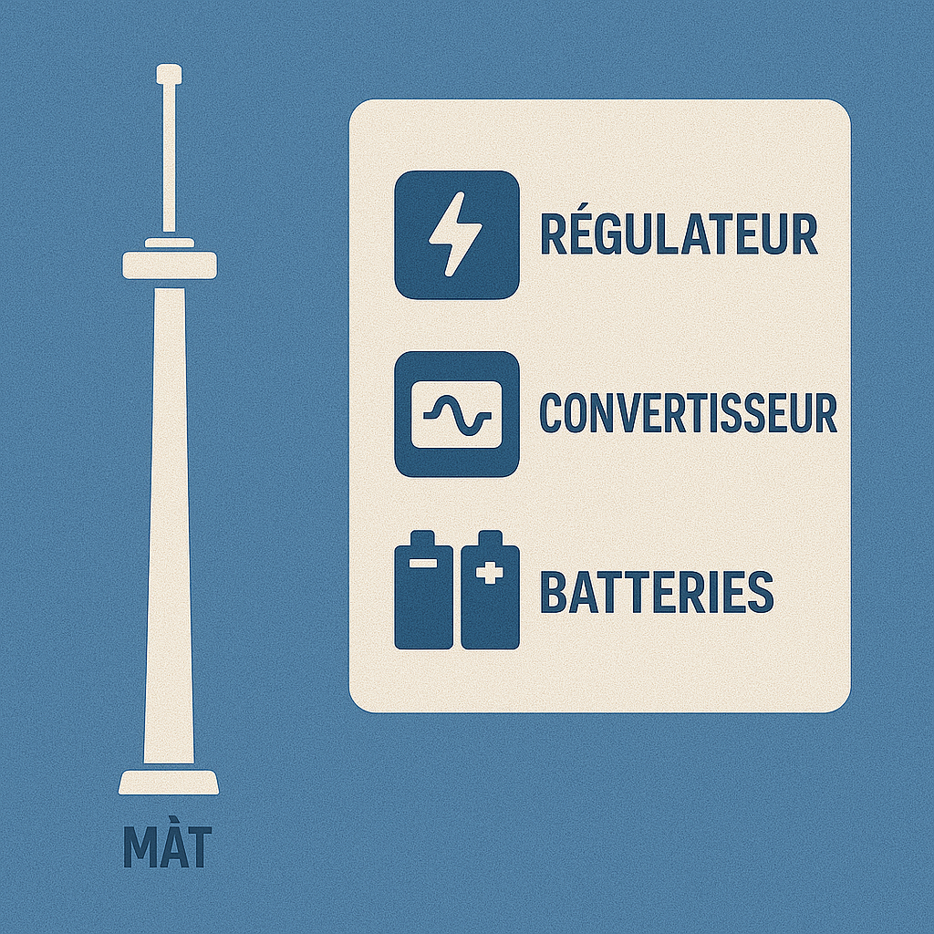 Illustration d’un mât d’éolienne avec encart listant régulateur, convertisseur et batteries nécessaires
