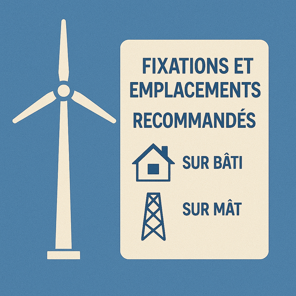 Illustration d’une éolienne avec encart indiquant fixations et emplacements recommandés sur bâti ou sur mât