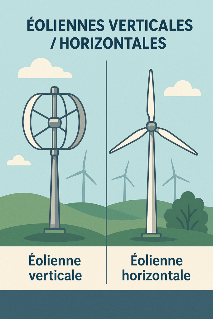 Illustration comparative entre éolienne verticale et éolienne horizontale pour production d’électricité renouvelable