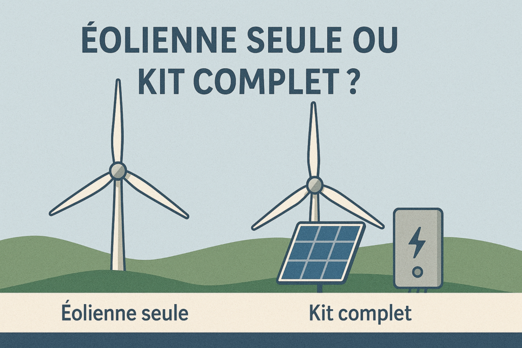 Illustration comparant une éolienne seule et un kit complet avec panneaux solaires et convertisseur