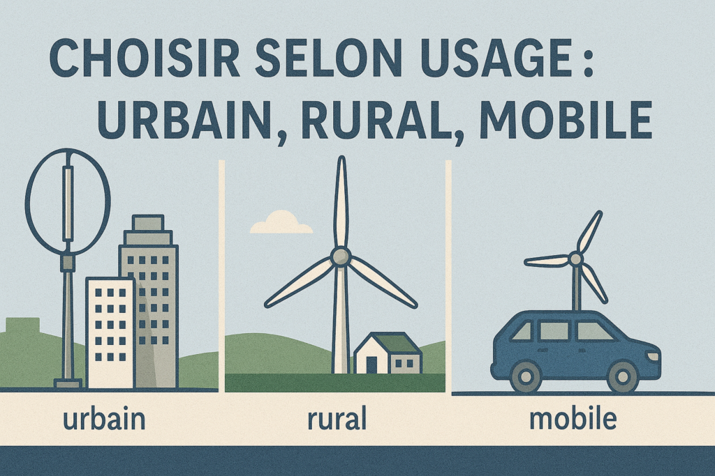 Illustration montrant différents usages des éoliennes : en milieu urbain, rural et mobile sur véhicule