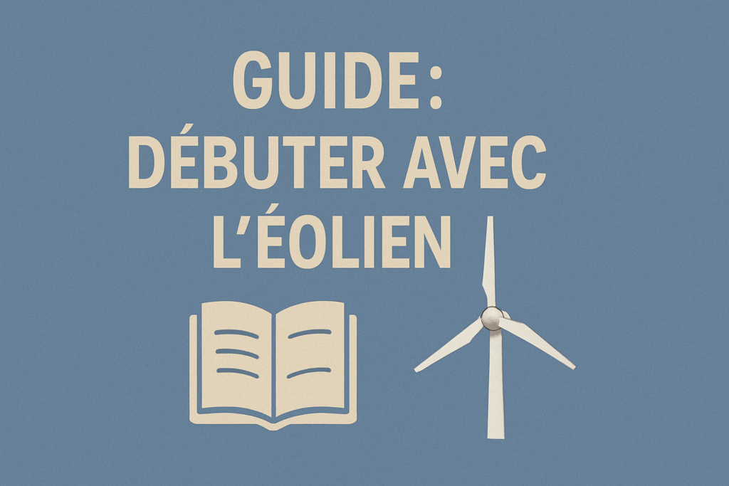 Illustration avec texte Guide débuter avec l’éolien, représentant un livre ouvert et une éolienne