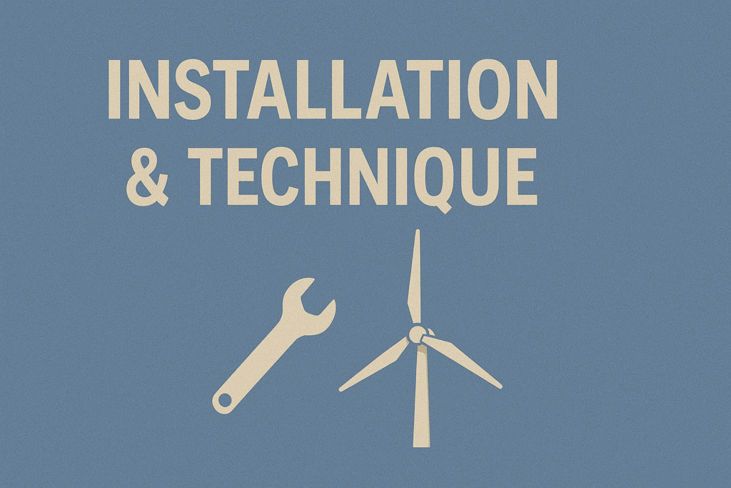 Illustration avec clé à molette et éolienne, texte Installation et technique