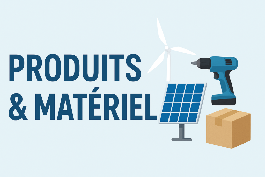 Illustration avec texte Produits et matériel, représentant une éolienne, un panneau solaire, une perceuse et un carton