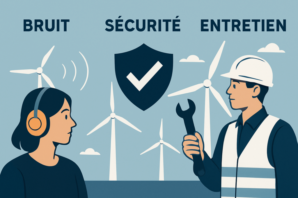 Illustration sur le bruit, la sécurité et l’entretien des éoliennes avec technicien et éoliennes en arrière-plan