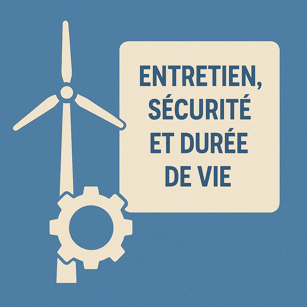 Illustration d’une éolienne avec pictogramme d’engrenage et encart Entretien, sécurité et durée de vie
