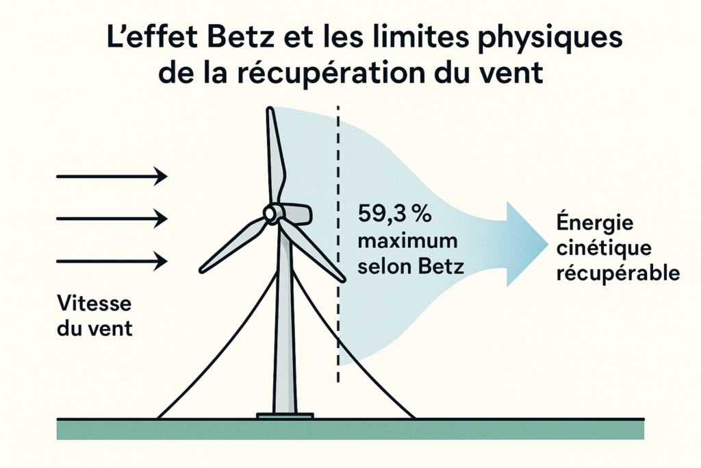 Schéma expliquant l’effet Betz montrant qu’une éolienne ne peut récupérer que 59,3 % maximum de l’énergie cinétique du vent