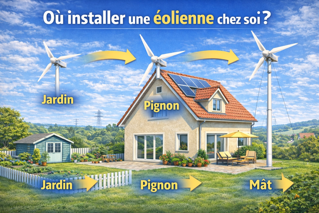 Où installer une éolienne domestique chez un particulier : implantation en jardin, sur pignon de maison ou sur mât pour produire de l’électricité renouvelable