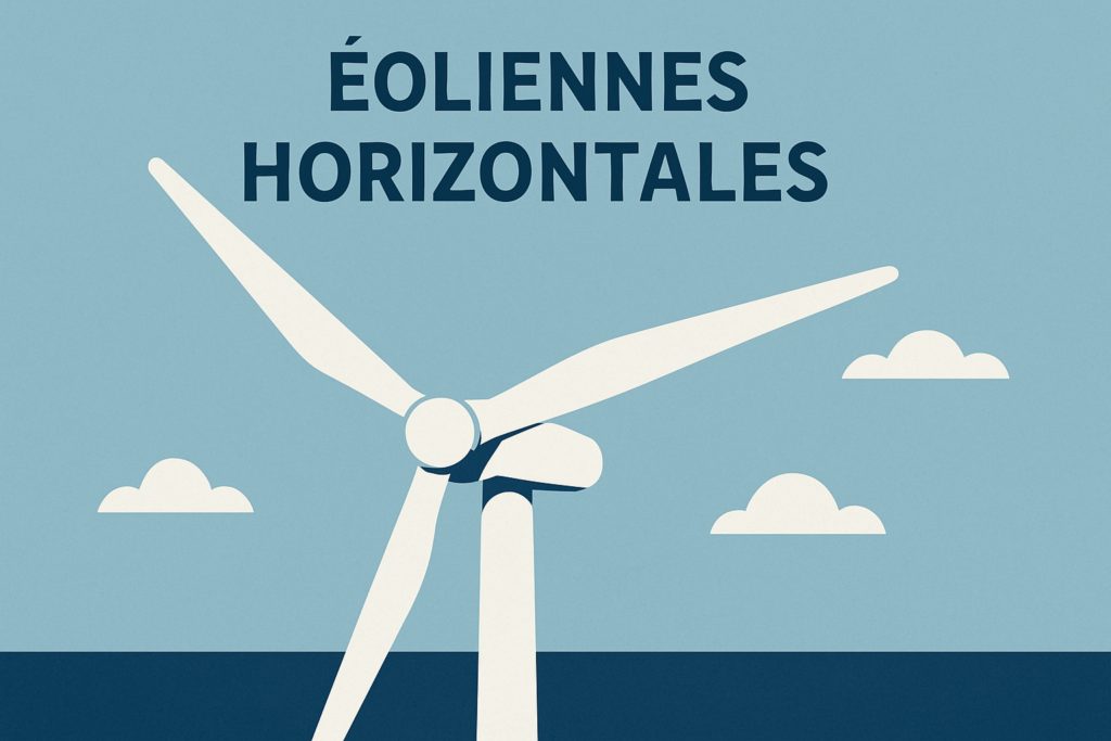Illustration d’une grande éolienne horizontale en fonctionnement avec texte Éoliennes horizontales