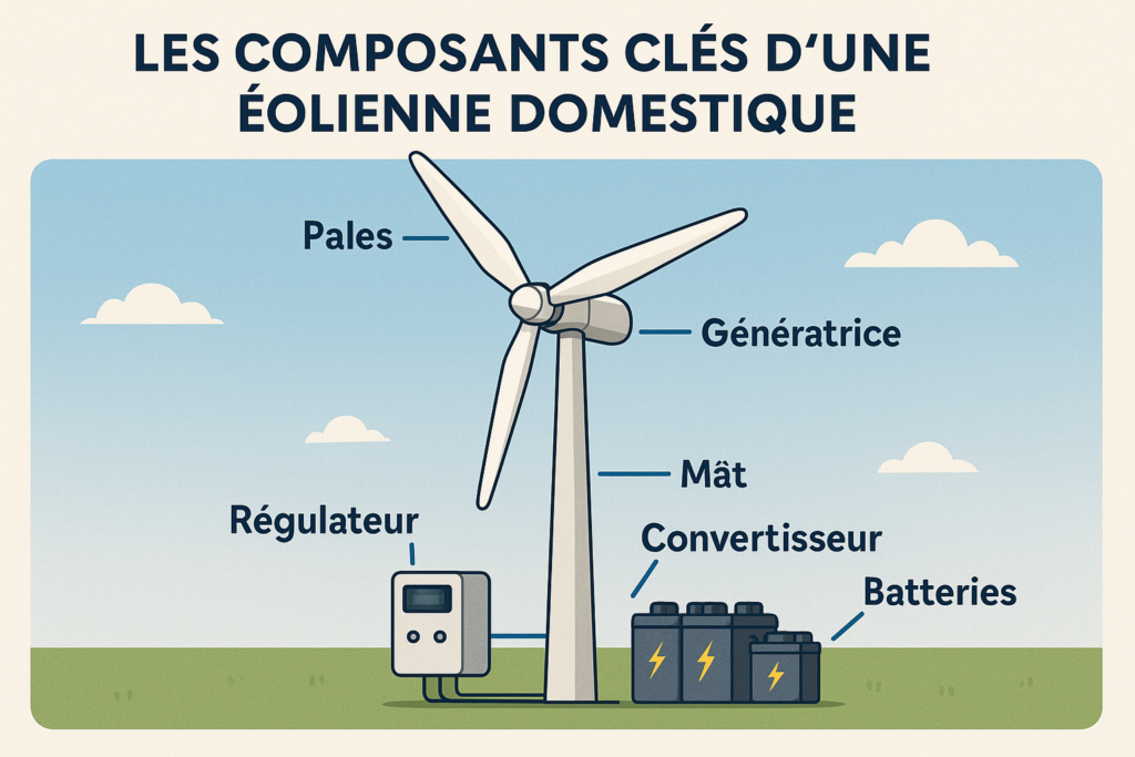 Schéma illustrant les composants clés d’une éolienne domestique : pales, génératrice, mât, régulateur, convertisseur et batteries