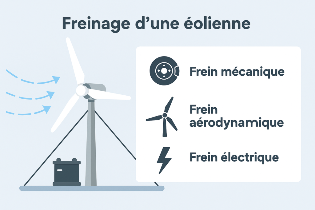 Schéma expliquant le freinage d’une éolienne avec trois systèmes : frein mécanique, frein aérodynamique et frein électrique
