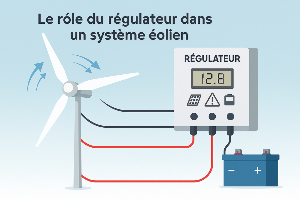 Schéma expliquant le rôle du régulateur dans un système éolien, reliant l’éolienne aux batteries pour contrôler la charge