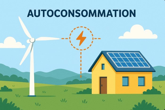 Illustration d’une maison équipée de panneaux solaires reliée à une éolienne pour l’autoconsommation énergétique