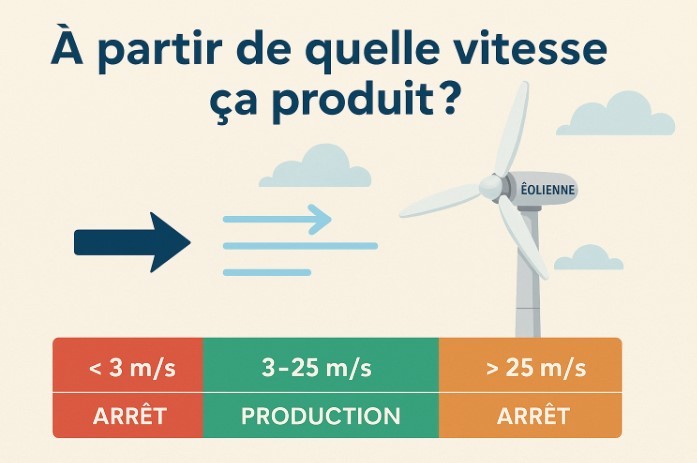 Schéma indiquant la vitesse de fonctionnement d’une éolienne : arrêt en dessous de 3 m/s, production entre 3 et 25 m/s, arrêt au-delà de 25 m/s