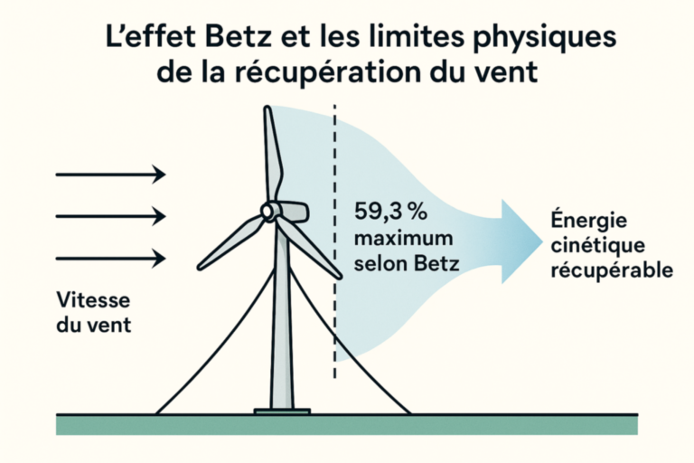 Schéma expliquant l’effet Betz montrant qu’une éolienne ne peut récupérer que 59,3 % maximum de l’énergie cinétique du vent