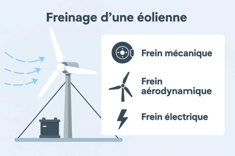 Schéma expliquant le freinage d’une éolienne avec trois systèmes : frein mécanique, frein aérodynamique et frein électrique