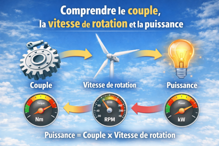 Schéma comparatif des types de générateurs utilisés en éolien : générateur asynchrone, générateur synchrone et générateur à entraînement direct sans multiplicateur (gearless)