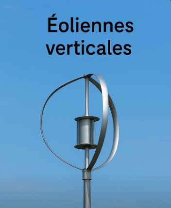 Illustration d’une éolienne verticale à axe vertical avec texte Éoliennes verticales sur fond de ciel bleu